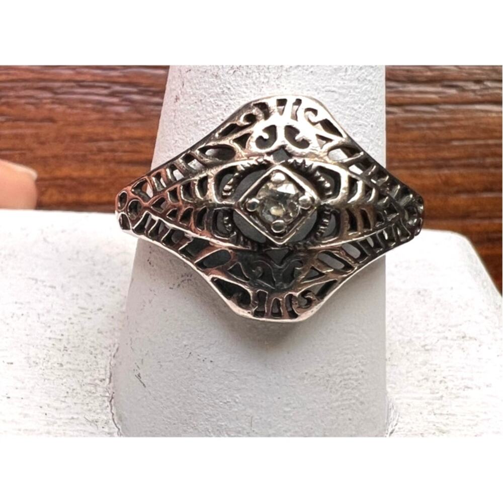 Avon sterling 925 ring art deco style filligree cubic zirconia vintage size 11